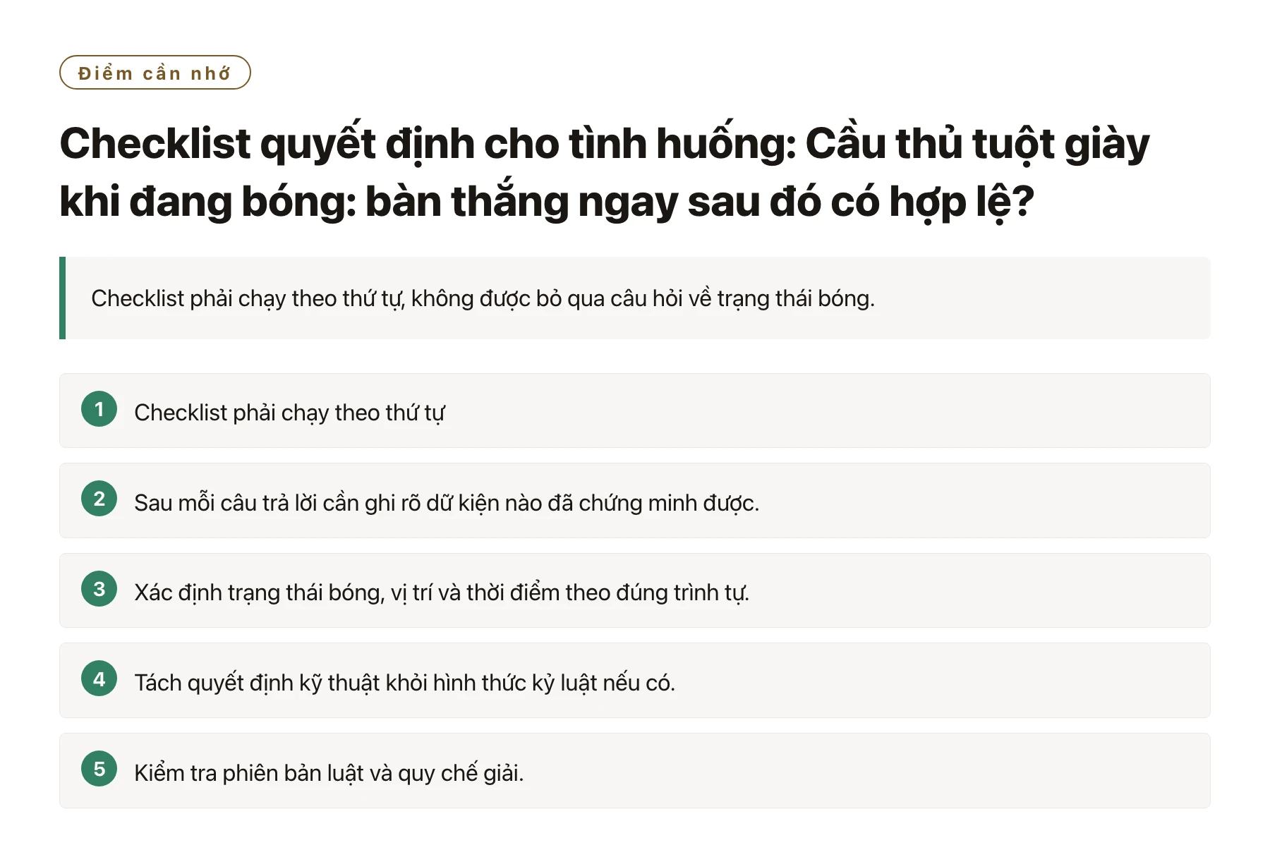 Checklist quyết định cho tình huống: Cầu thủ tuột giày khi đang bóng: bàn thắng ngay sau đó có hợp lệ?——全文要点速览