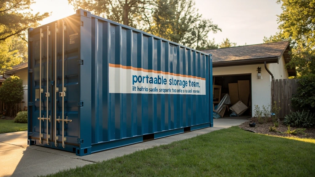 A 20-foot steel storage container delivered to a homeowner's driveway during a renovation.