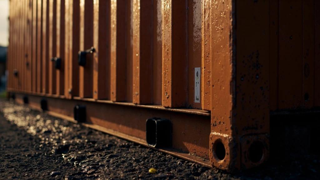 A 20-ft steel portable storage container sitting on a wet driveway after a rainstorm, with water beading off its sealed door.